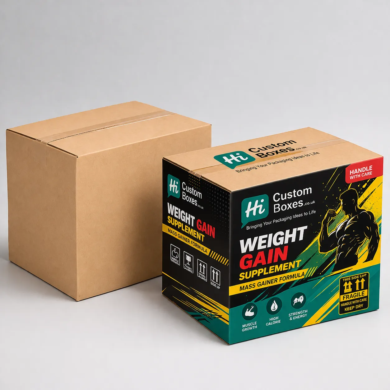 Two tall tuck-end boxes, one plain white and one printed with blue medical supplement graphics. class=